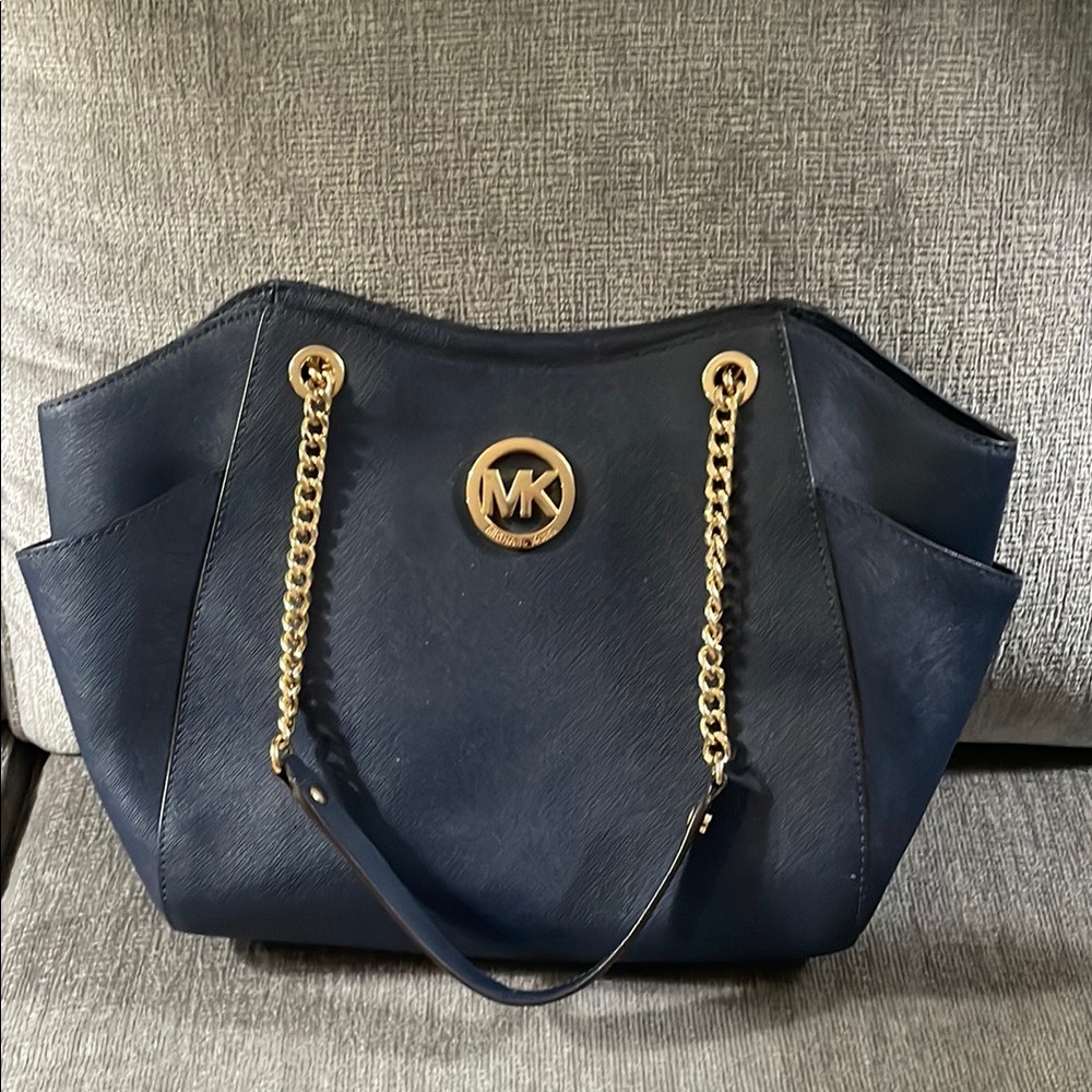 Michael Kors Dark Blue Shoulder Bag with Gold Accents